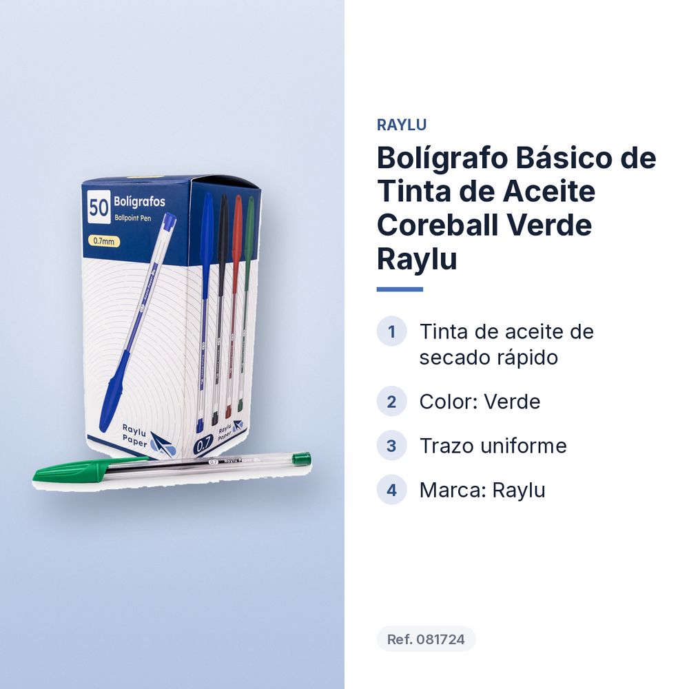 BOLÍGRAFO BÁSICO DE TINTA DE ACEITE COREBALL VERDE RAYLU - características principales