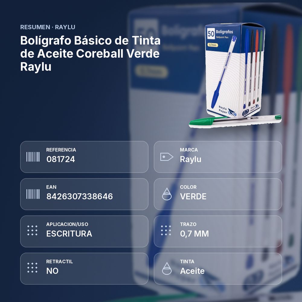 BOLÍGRAFO BÁSICO DE TINTA DE ACEITE COREBALL VERDE RAYLU - resumen de atributos