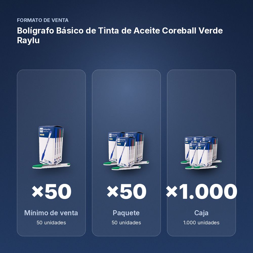 BOLÍGRAFO BÁSICO DE TINTA DE ACEITE COREBALL VERDE RAYLU - formato de venta: paquete de 50, caja de 1000, palé de 40000