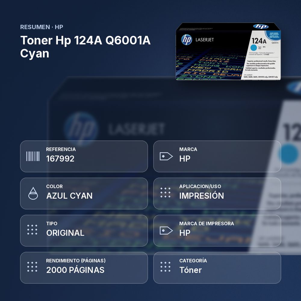 TONER HP 124A Q6001A CYAN - resumen de atributos