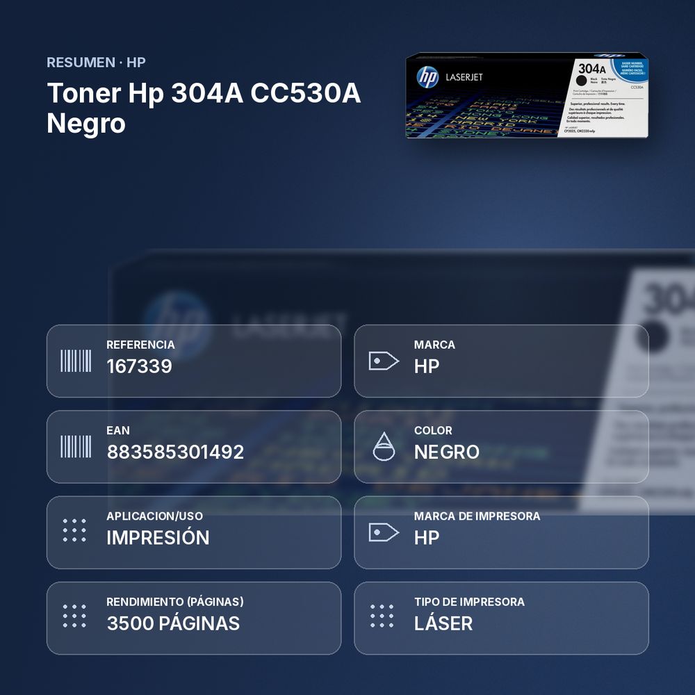 TONER HP 304A CC530A NEGRO - resumen de atributos