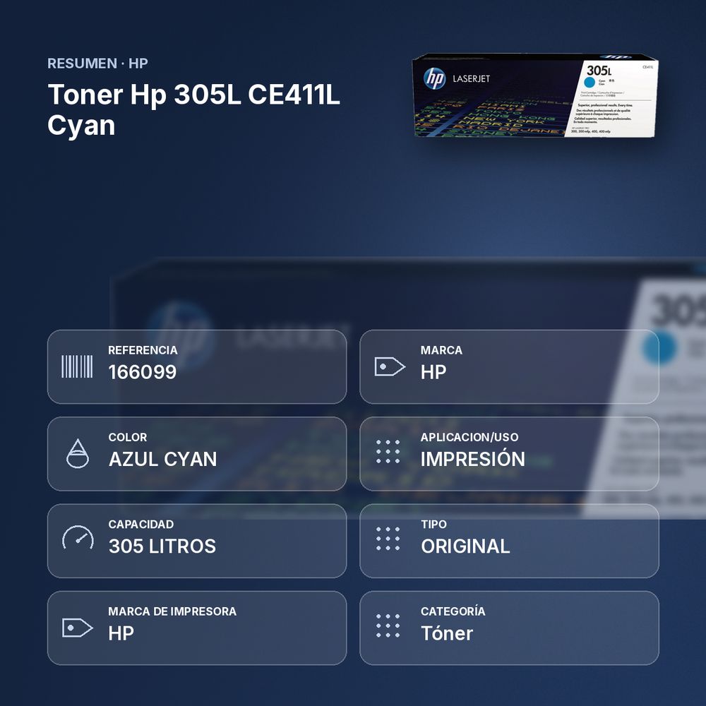 TONER HP 305L CE411L CYAN - resumen de atributos