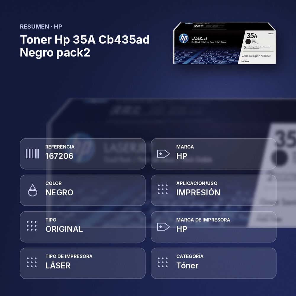 TONER HP 35A CB435AD NEGRO PACK2 - resumen de atributos