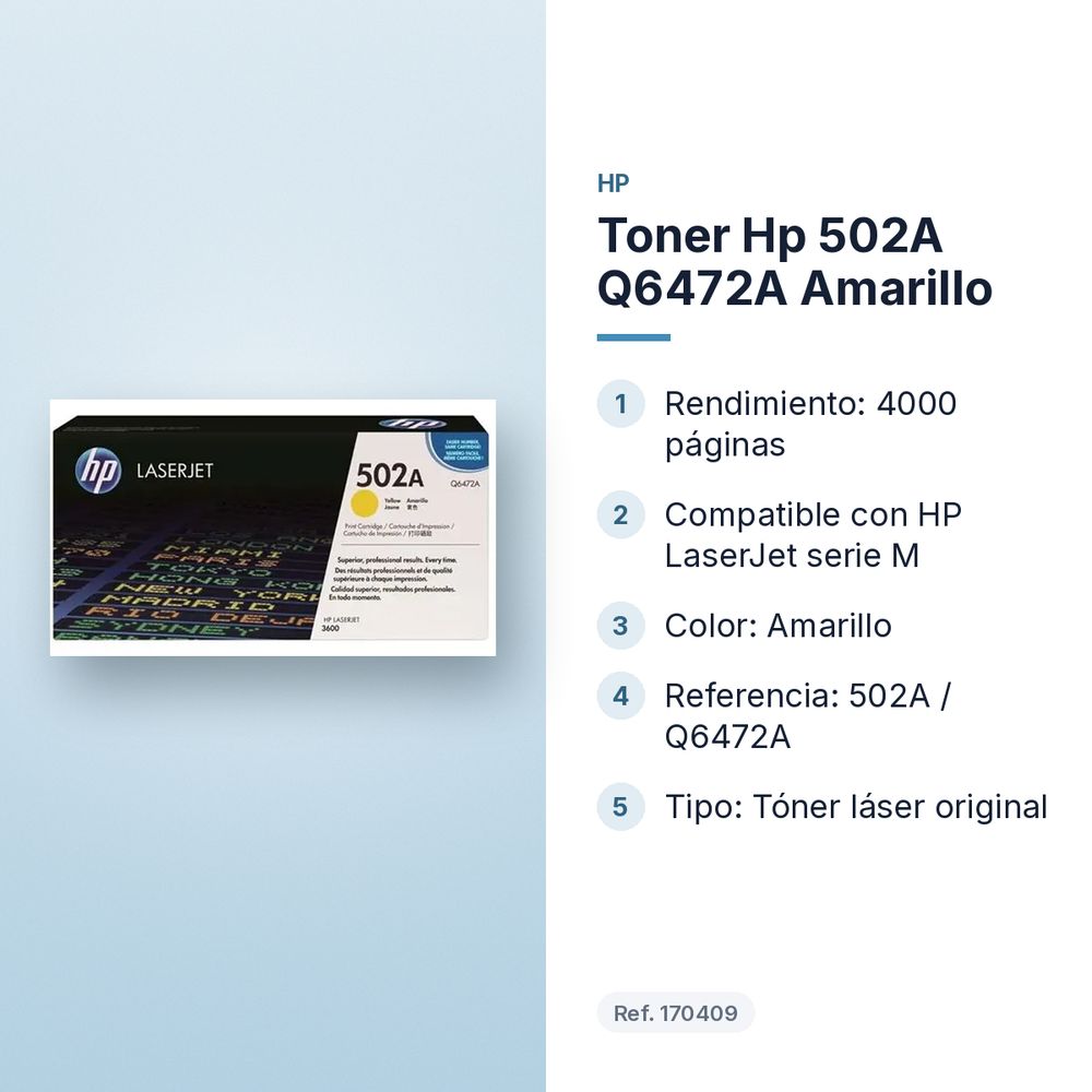 TONER HP 502A Q6472A AMARILLO - características principales