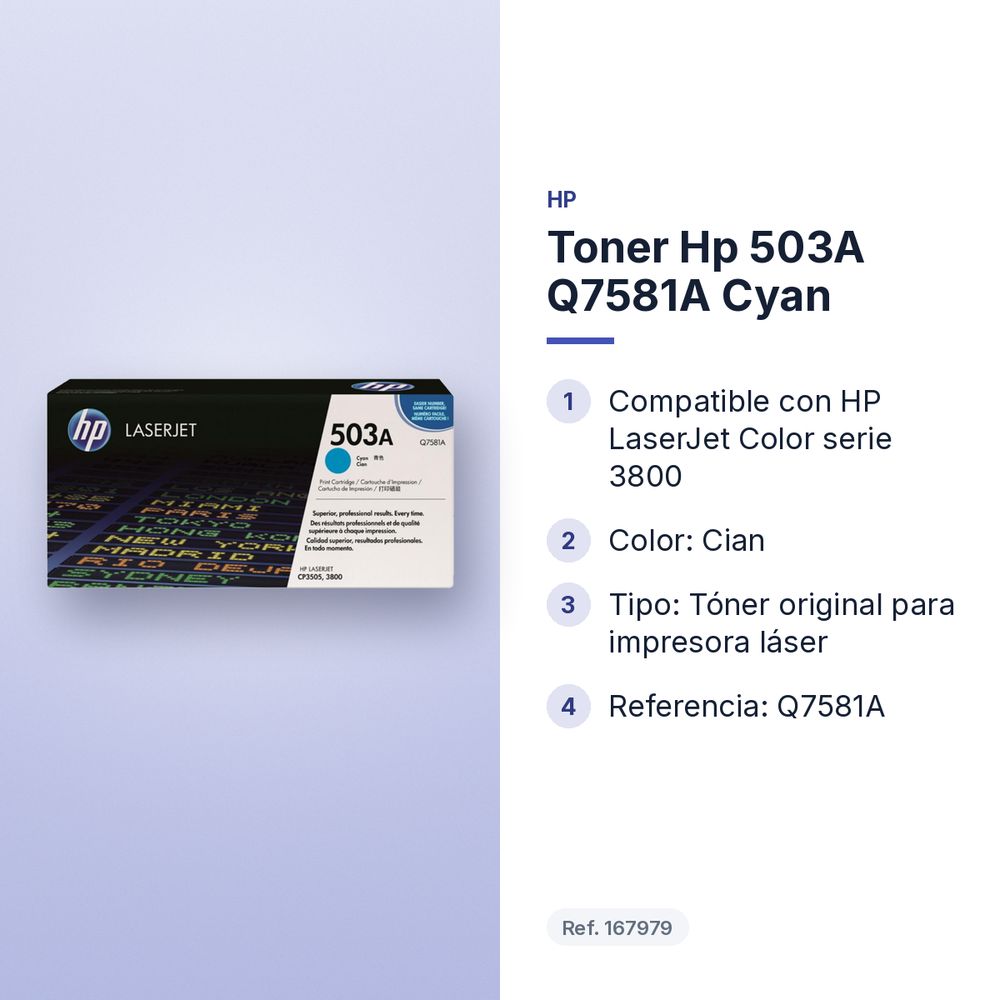 TONER HP 503A Q7581A CYAN - características principales