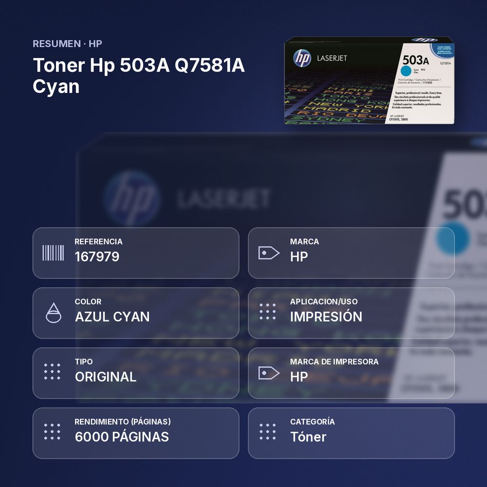 TONER HP 503A Q7581A CYAN - resumen de atributos