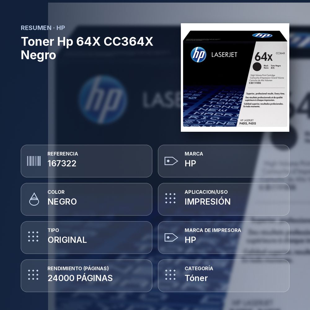 TONER HP 64X CC364X NEGRO  - resumen de atributos