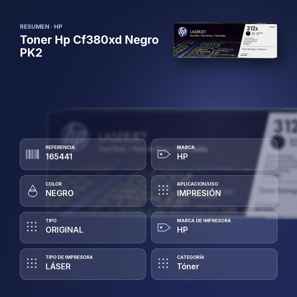 TONER HP CF380XD NEGRO PK2 - resumen de atributos