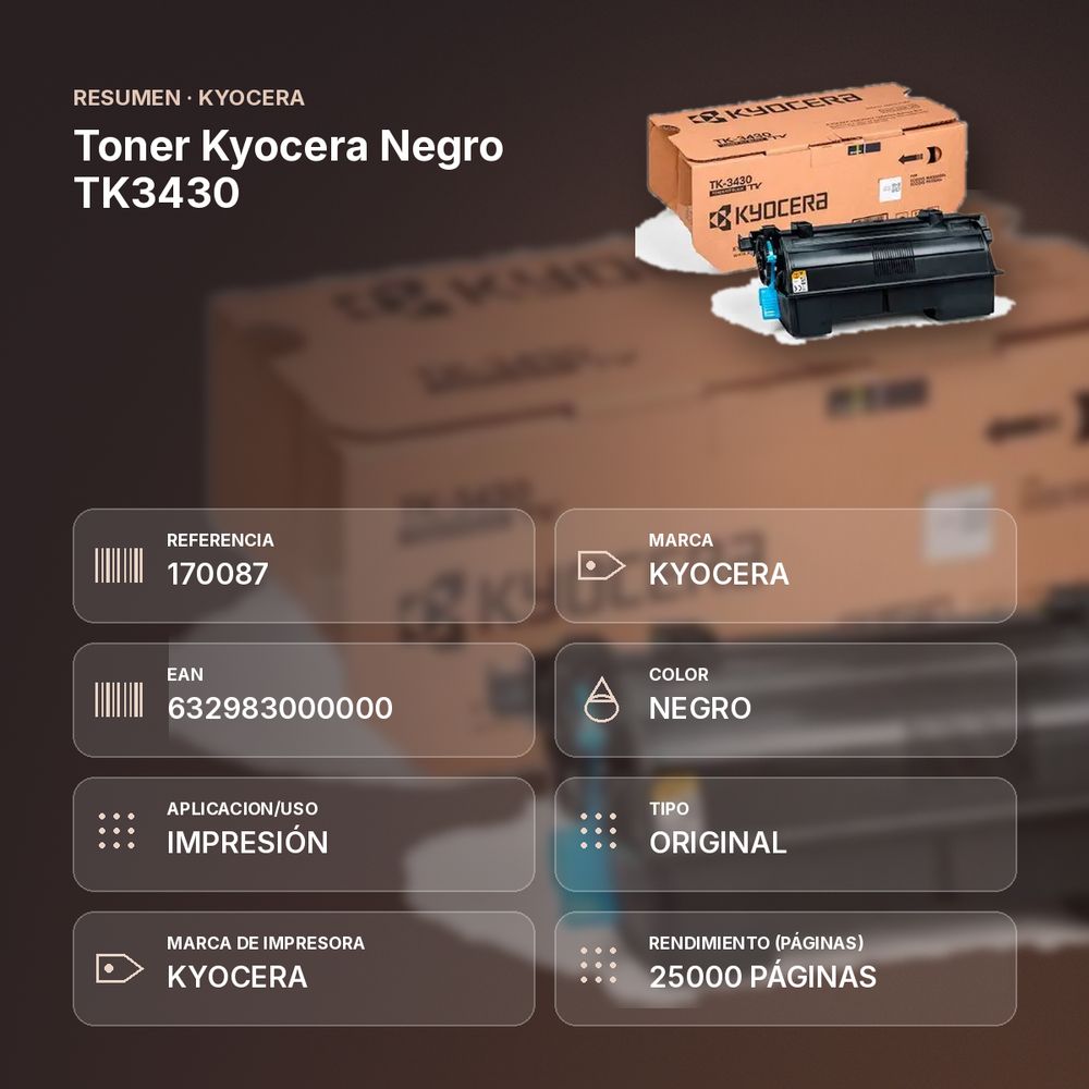 TONER KYOCERA NEGRO TK3430 - resumen de atributos