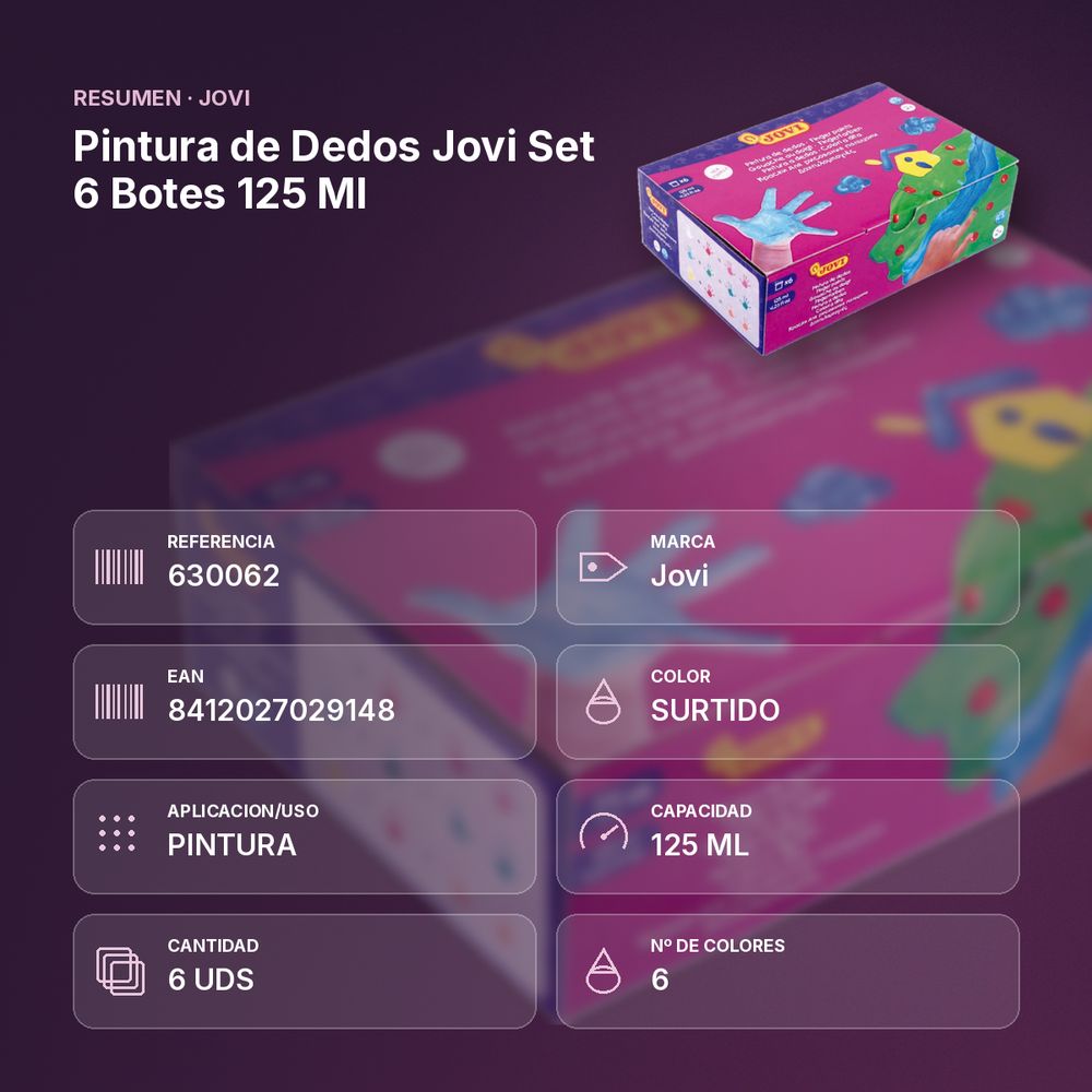 PINTURA DE DEDOS JOVI SET 6 BOTES 125 ML - resumen de atributos