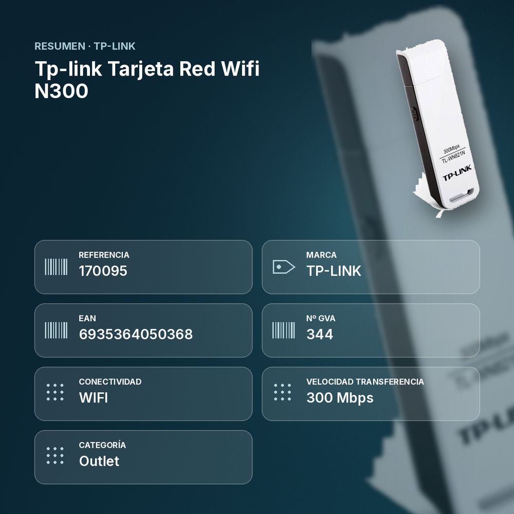 TP-LINK TARJETA RED WIFI N300 - resumen de atributos