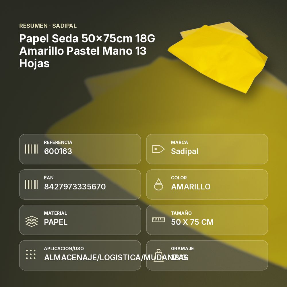 PAPEL SEDA 50×75CM 18G AMARILLO PASTEL MANO 13 HOJAS - resumen de atributos
