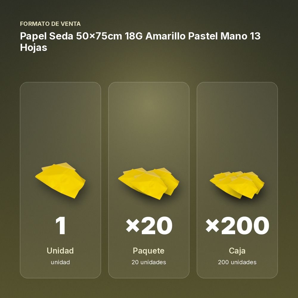 PAPEL SEDA 50×75CM 18G AMARILLO PASTEL MANO 13 HOJAS - formato de venta: paquete de 20, caja de 200
