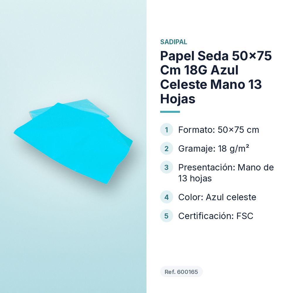 PAPEL SEDA 50×75 CM 18G AZUL CELESTE MANO 13 HOJAS - características principales