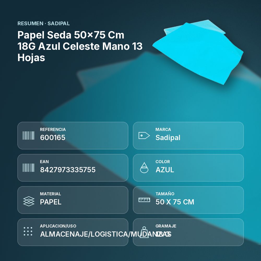 PAPEL SEDA 50×75 CM 18G AZUL CELESTE MANO 13 HOJAS - resumen de atributos