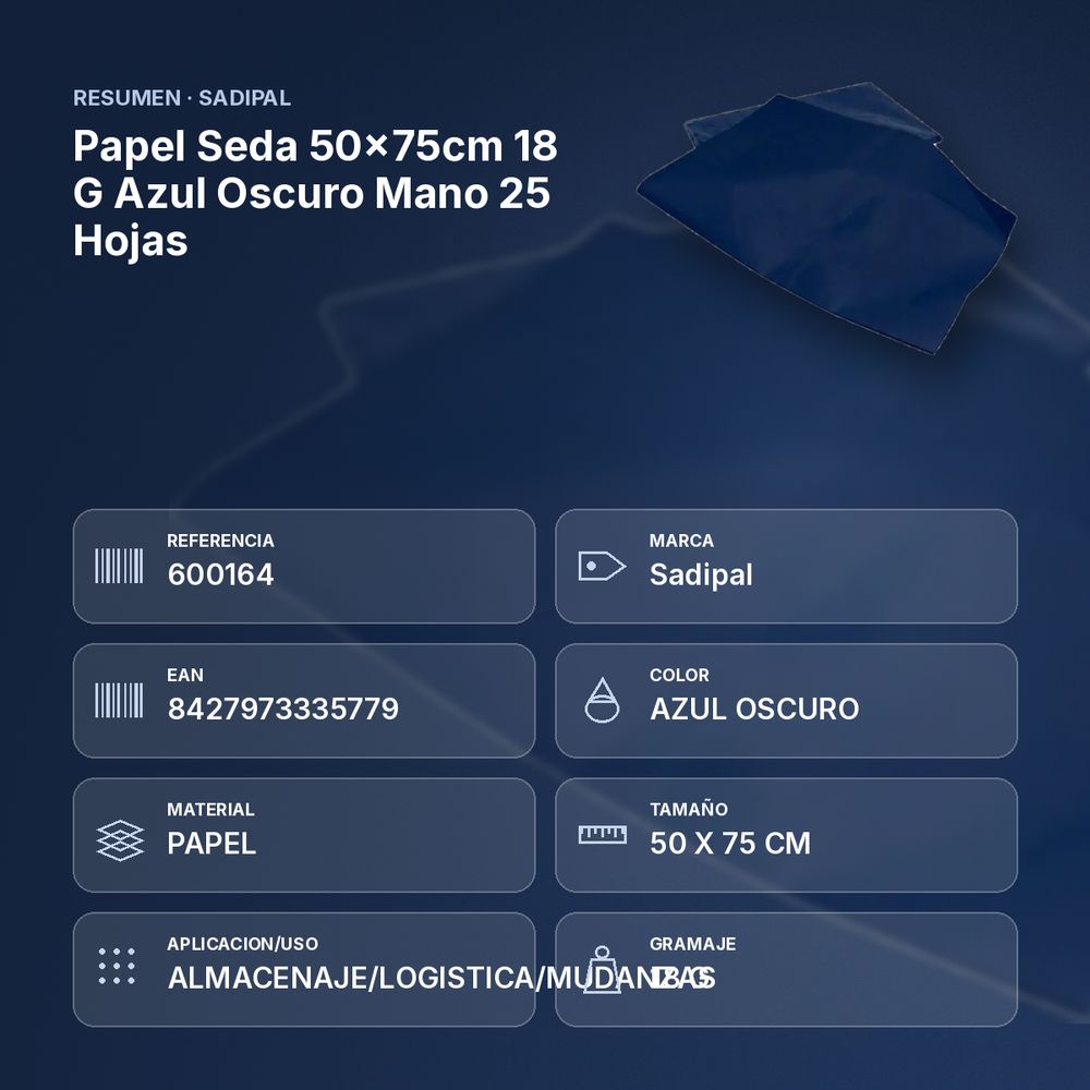 PAPEL SEDA 50×75CM 18 G AZUL OSCURO MANO 25 HOJAS - resumen de atributos