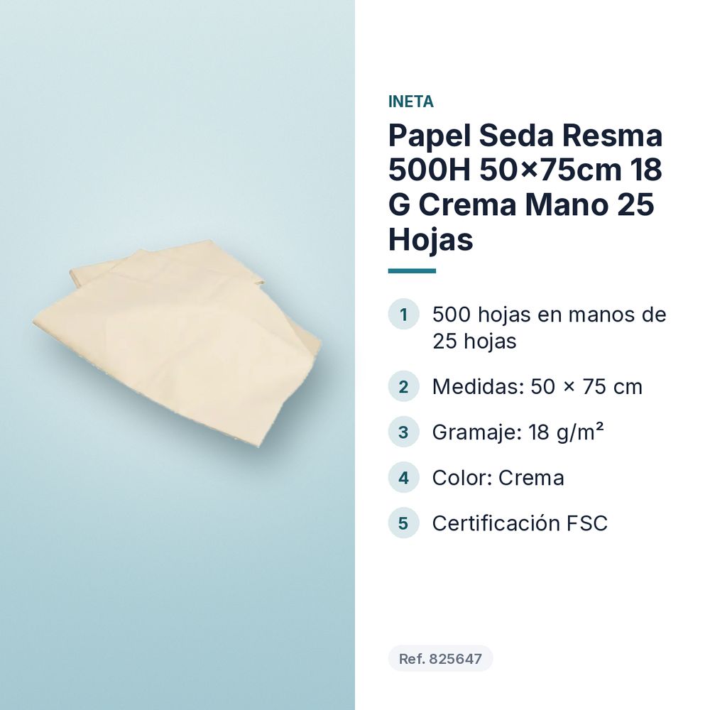 PAPEL SEDA RESMA 500H 50×75CM 18 G CREMA MANO 25 HOJAS - características principales