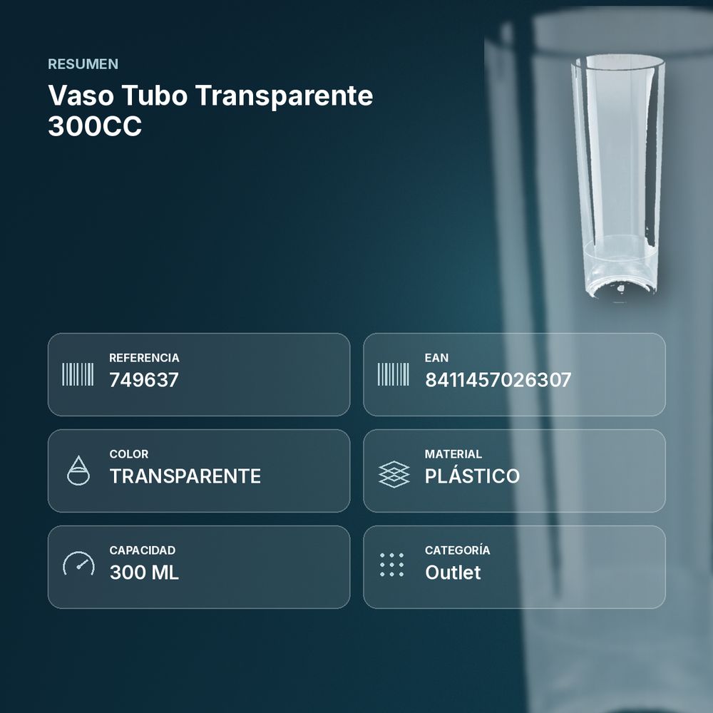 VASO TUBO TRANSPARENTE 300CC - resumen de atributos