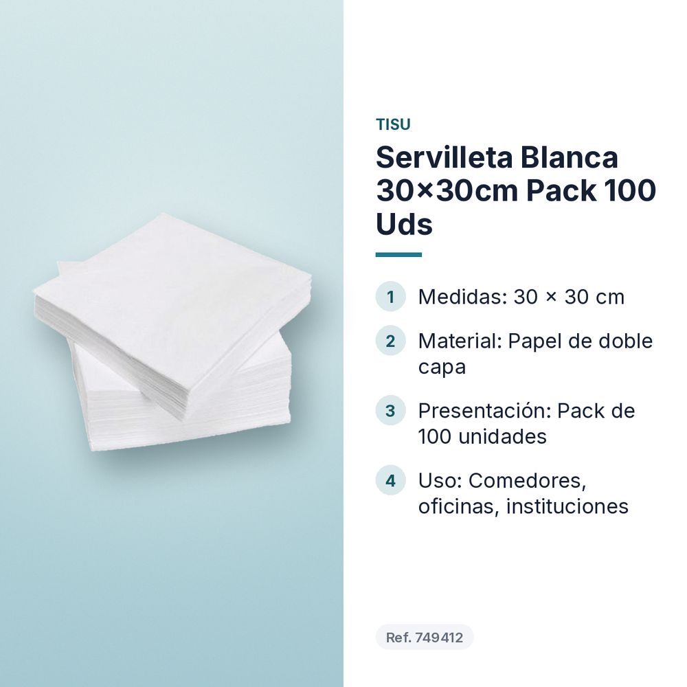 SERVILLETA BLANCA 30×30CM PACK 100 UDS - características principales