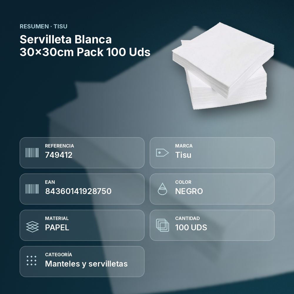 SERVILLETA BLANCA 30×30CM PACK 100 UDS - resumen de atributos