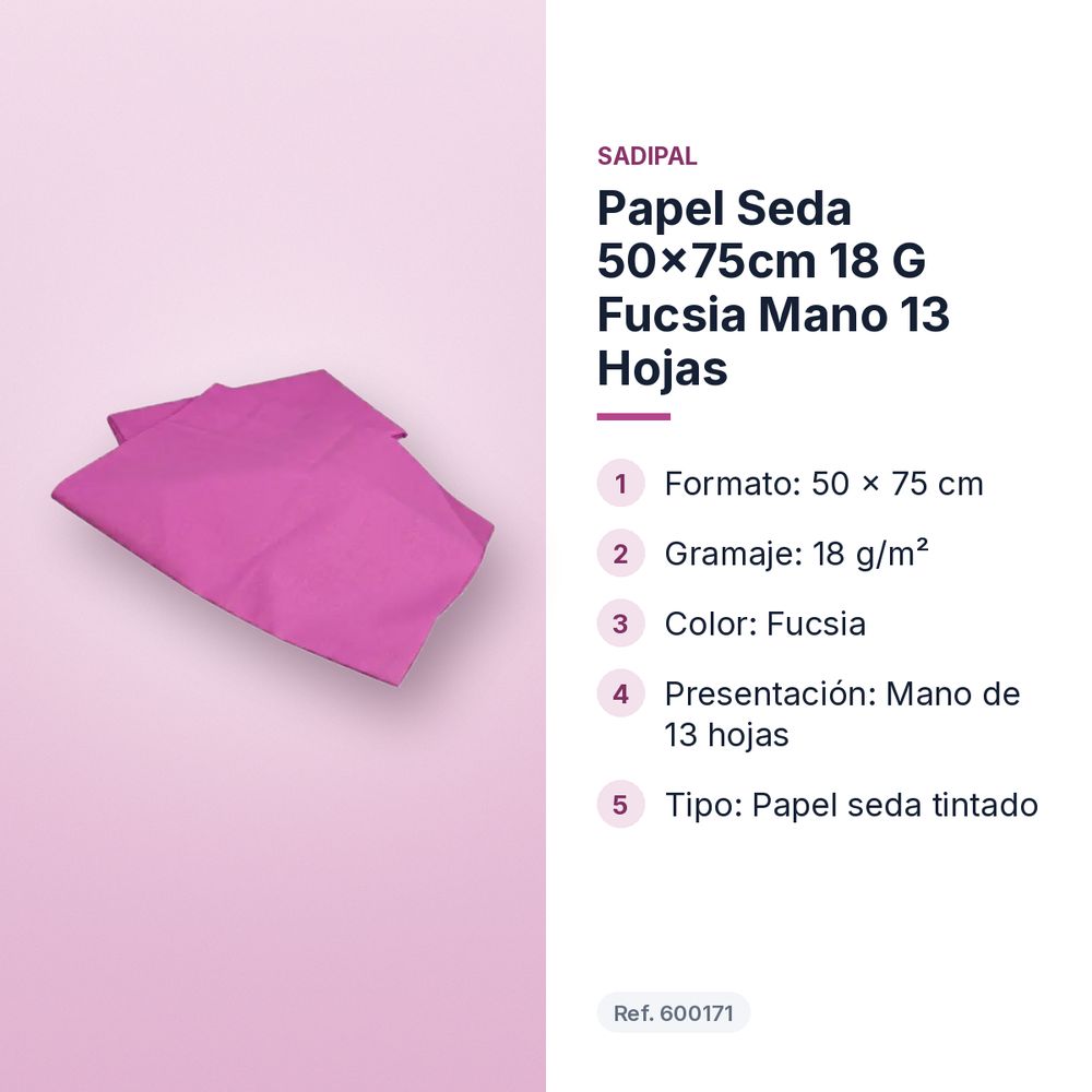 PAPEL SEDA 50×75CM 18 G FUCSIA MANO 13 HOJAS - características principales