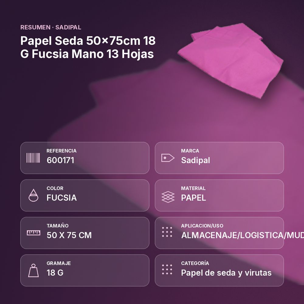 PAPEL SEDA 50×75CM 18 G FUCSIA MANO 13 HOJAS - resumen de atributos