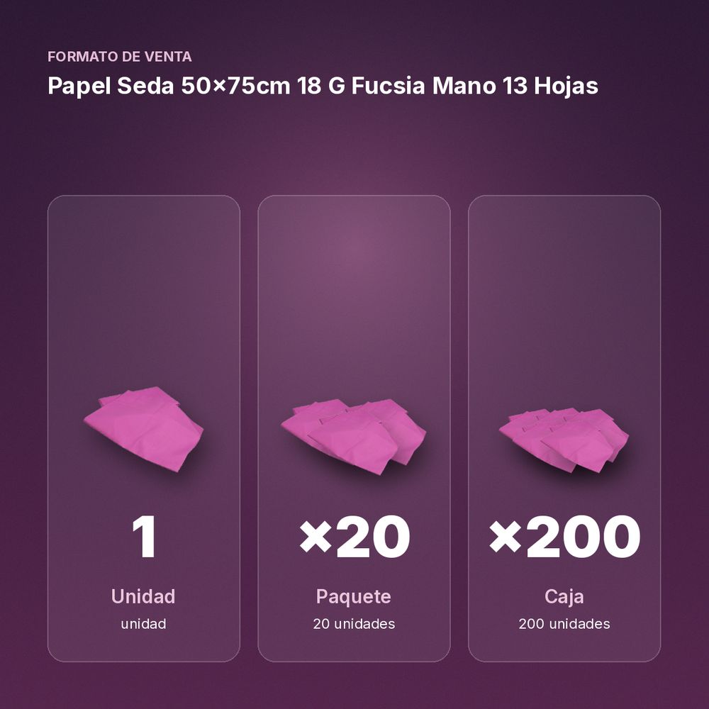 PAPEL SEDA 50×75CM 18 G FUCSIA MANO 13 HOJAS - formato de venta: paquete de 20, caja de 200