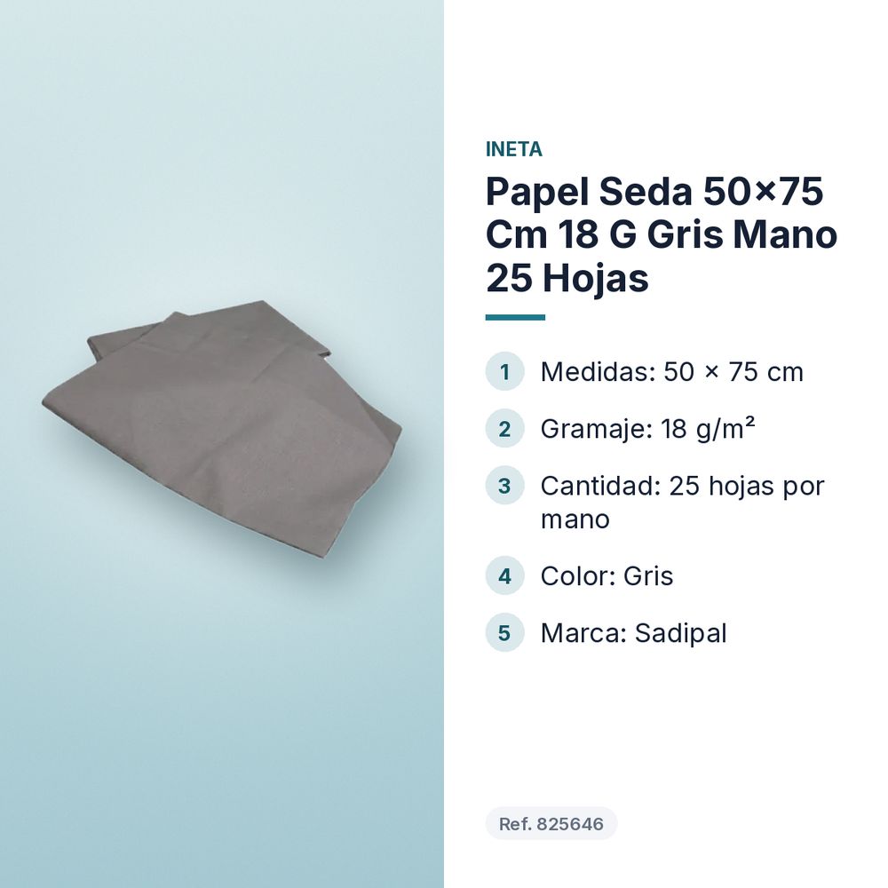 PAPEL SEDA 50×75 CM 18 G GRIS MANO 25 HOJAS - características principales