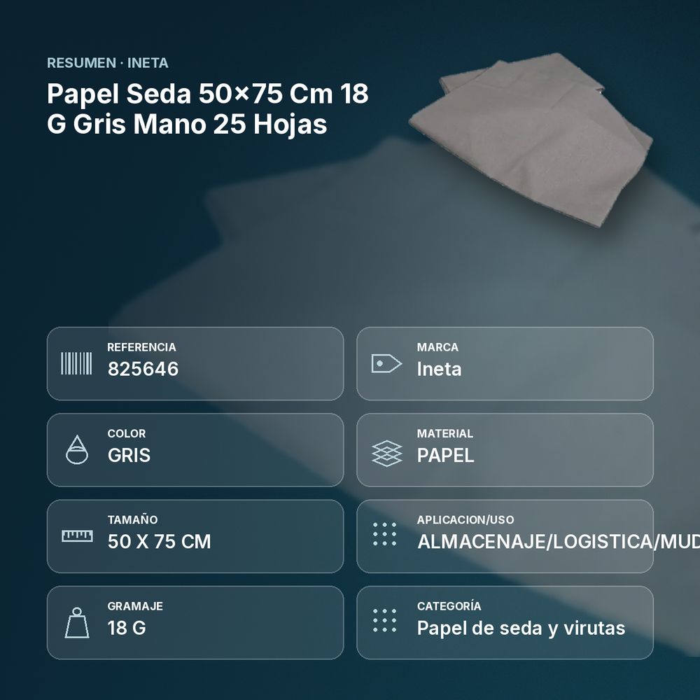 PAPEL SEDA 50×75 CM 18 G GRIS MANO 25 HOJAS - resumen de atributos