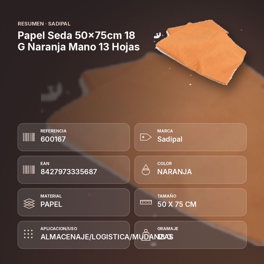 PAPEL SEDA 50×75CM 18 G NARANJA MANO 13 HOJAS - resumen de atributos