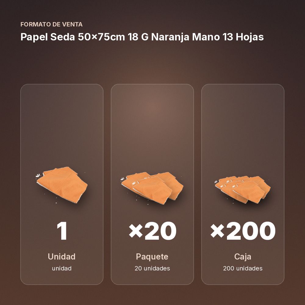 PAPEL SEDA 50×75CM 18 G NARANJA MANO 13 HOJAS - formato de venta: paquete de 20, caja de 200