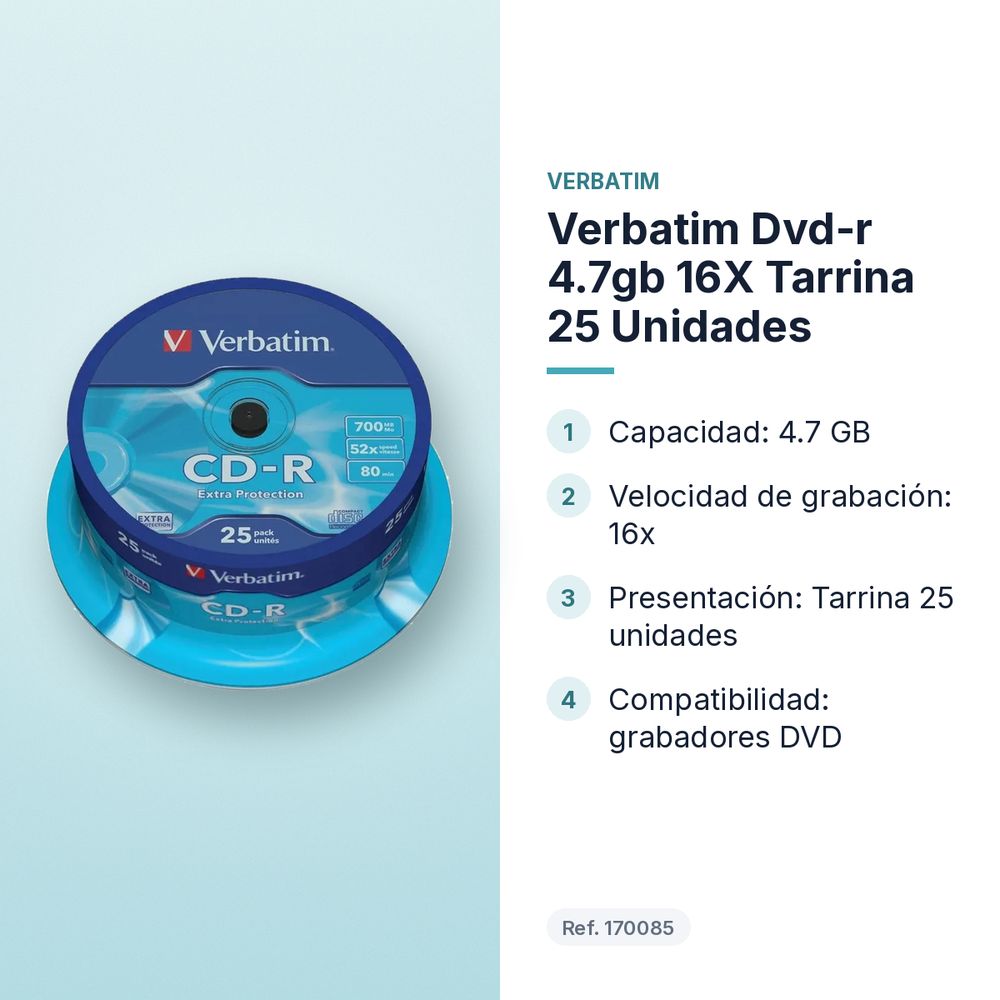 VERBATIM DVD-R 4.7GB 16X TARRINA 25 UNIDADES - características principales