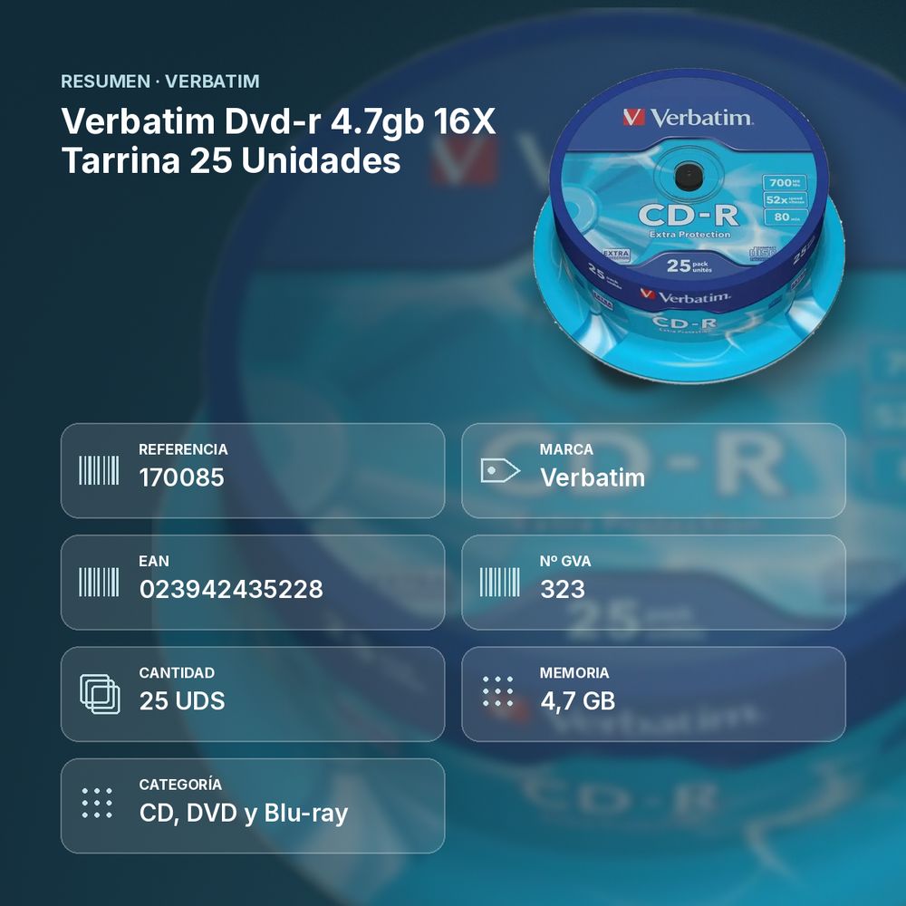 VERBATIM DVD-R 4.7GB 16X TARRINA 25 UNIDADES - resumen de atributos