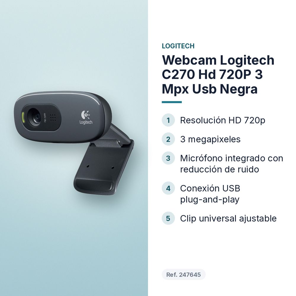 WEBCAM LOGITECH C270 HD 720P 3 MPX USB NEGRA - características principales