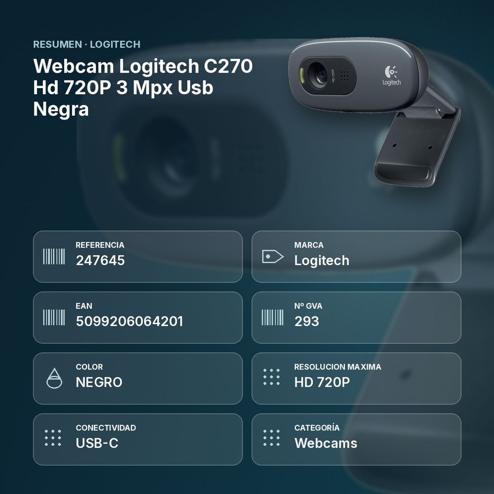 WEBCAM LOGITECH C270 HD 720P 3 MPX USB NEGRA - resumen de atributos