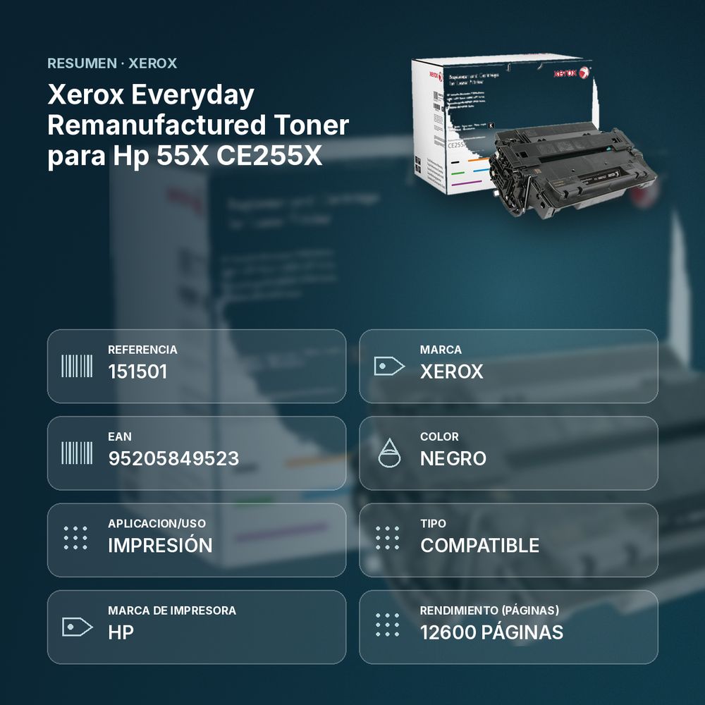 XEROX EVERYDAY REMANUFACTURED TONER PARA HP 55X CE255X - resumen de atributos