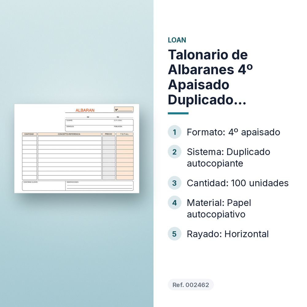 TALONARIO DE ALBARANES 4º APAISADO DUPLICADO AUTOCOPIANTE - características principales