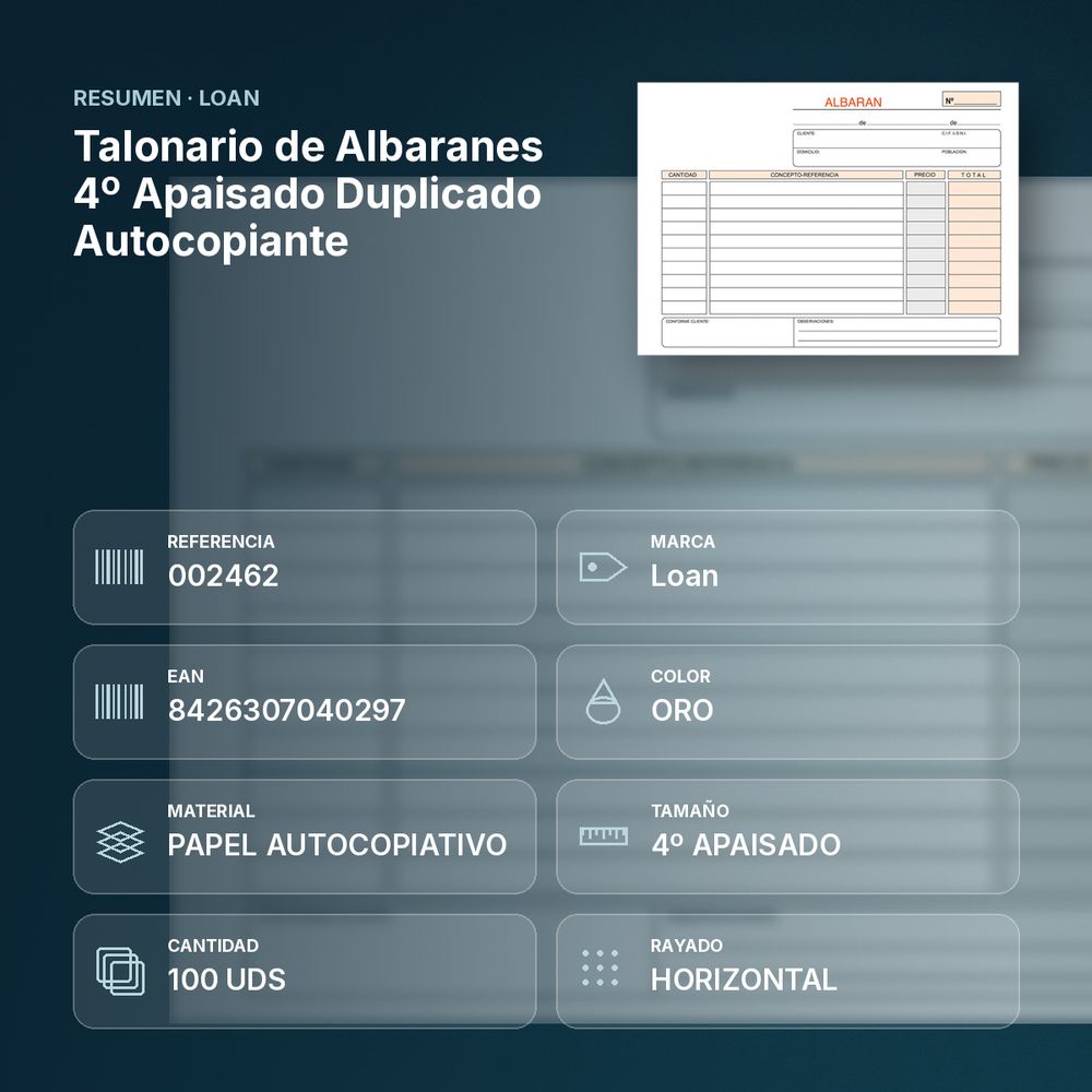 TALONARIO DE ALBARANES 4º APAISADO DUPLICADO AUTOCOPIANTE - resumen de atributos