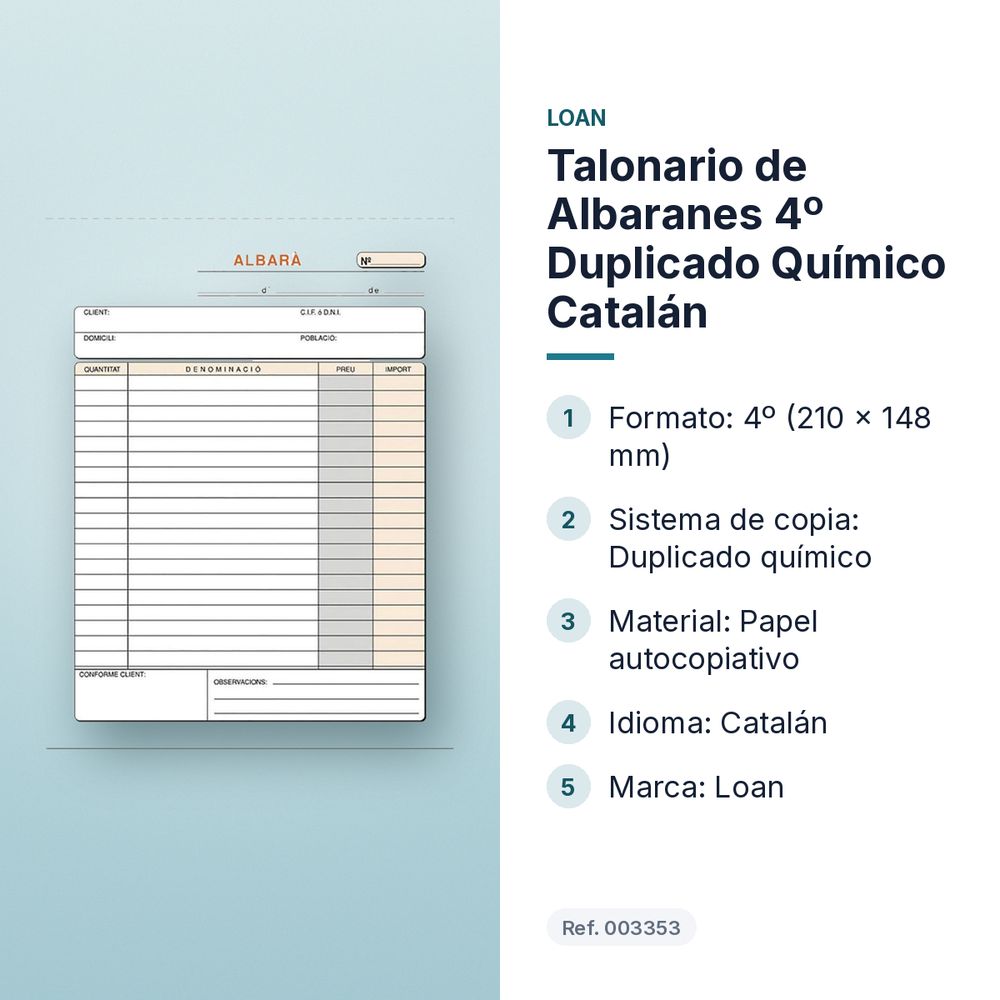 TALONARIO DE ALBARANES 4º DUPLICADO QUÍMICO CATALÁN - características principales