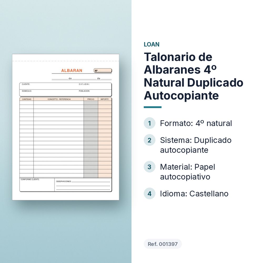 TALONARIO DE ALBARANES 4º NATURAL DUPLICADO AUTOCOPIANTE - características principales