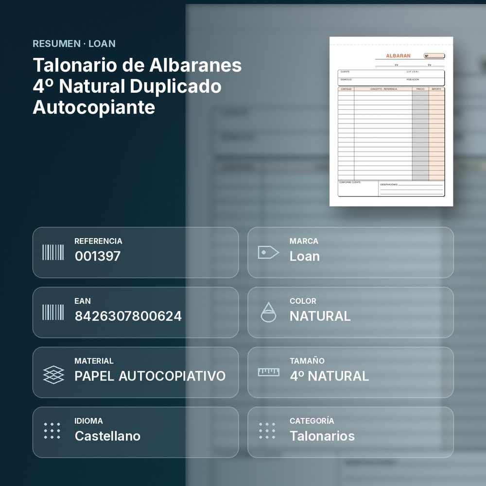 TALONARIO DE ALBARANES 4º NATURAL DUPLICADO AUTOCOPIANTE - resumen de atributos