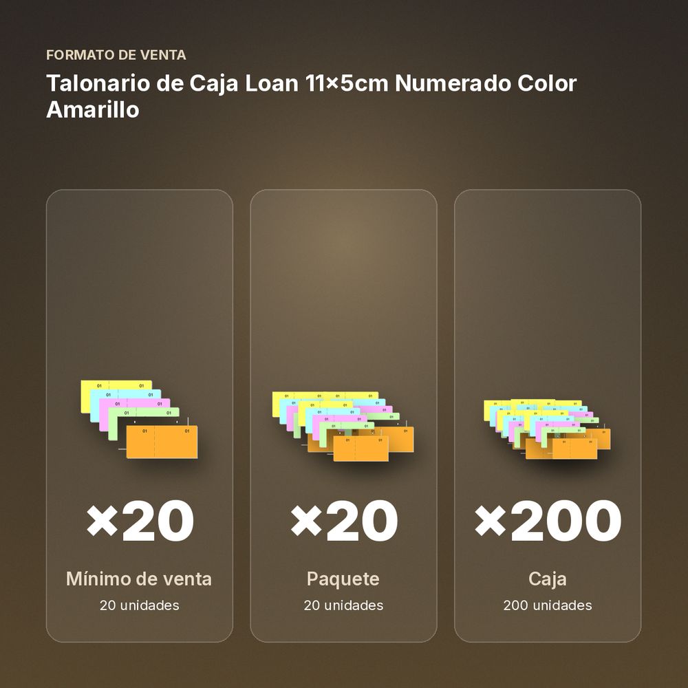 TALONARIO DE CAJA LOAN 11X5CM NUMERADO COLOR AMARILLO - formato de venta: paquete de 20, caja de 200