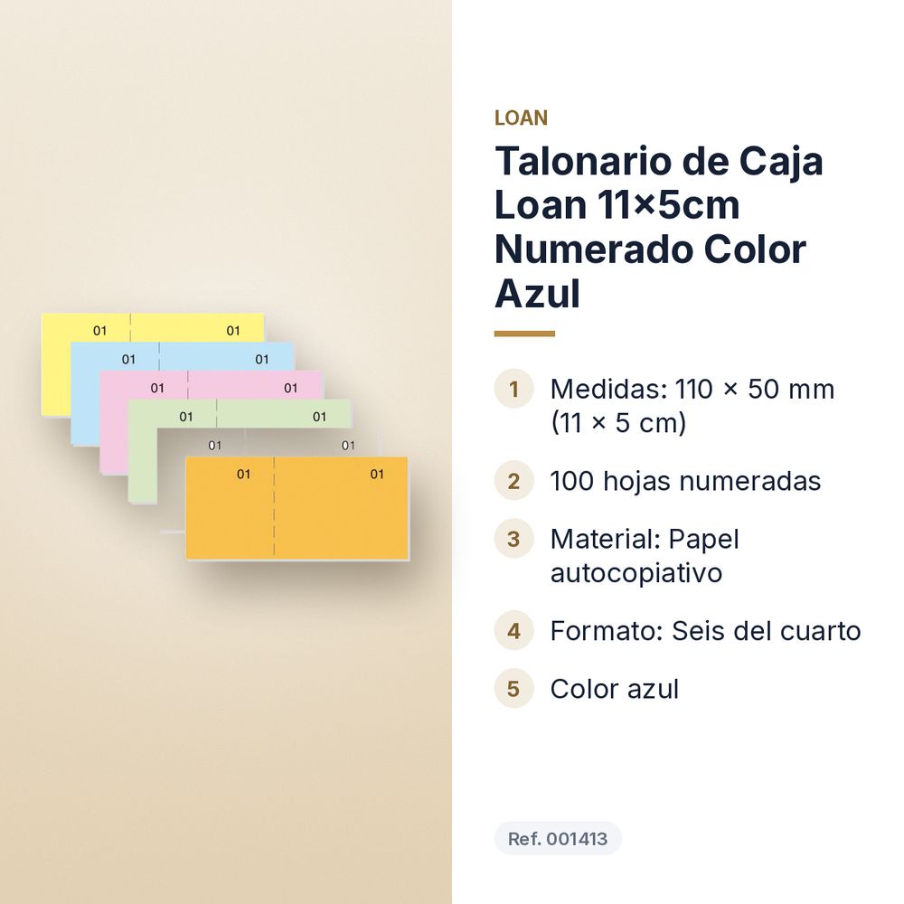 TALONARIO DE CAJA LOAN 11X5CM NUMERADO COLOR AZUL - características principales