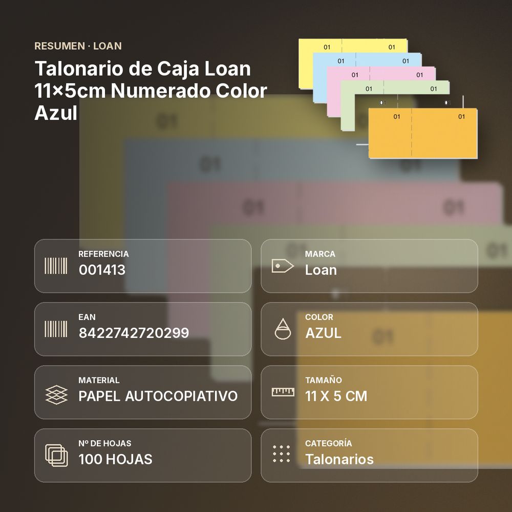 TALONARIO DE CAJA LOAN 11X5CM NUMERADO COLOR AZUL - resumen de atributos