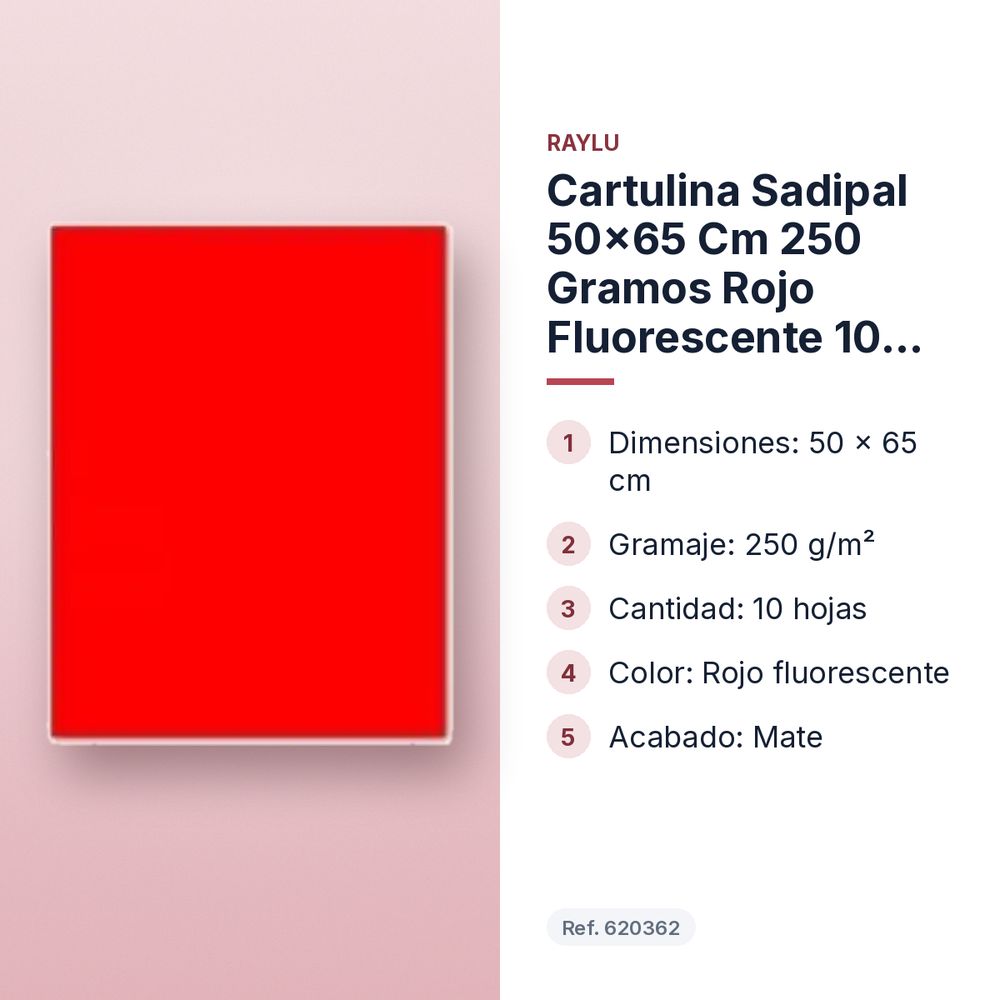 CARTULINA SADIPAL 50×65 CM 250 GRAMOS ROJO FLUORESCENTE 10 HOJAS - características principales