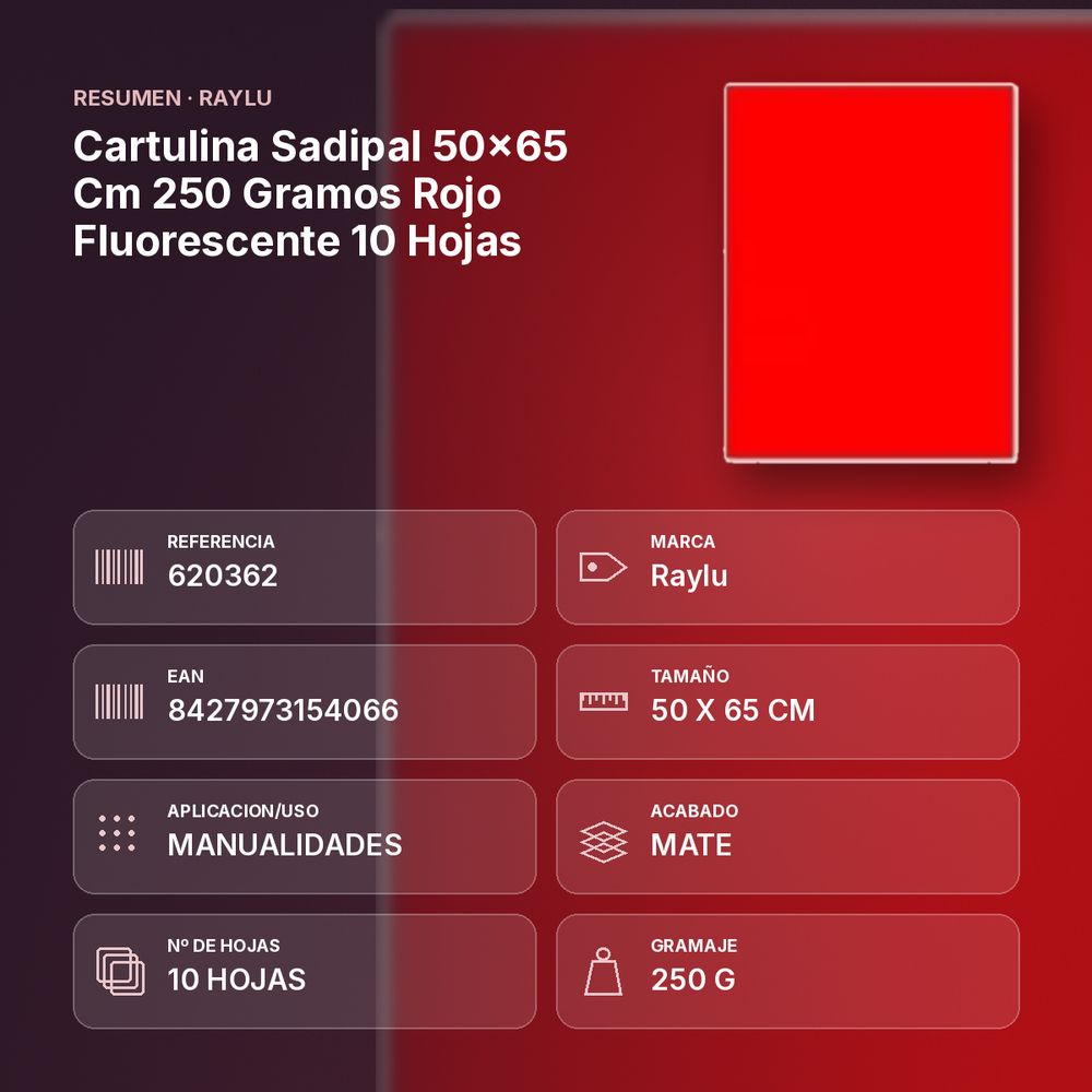 CARTULINA SADIPAL 50×65 CM 250 GRAMOS ROJO FLUORESCENTE 10 HOJAS - resumen de atributos