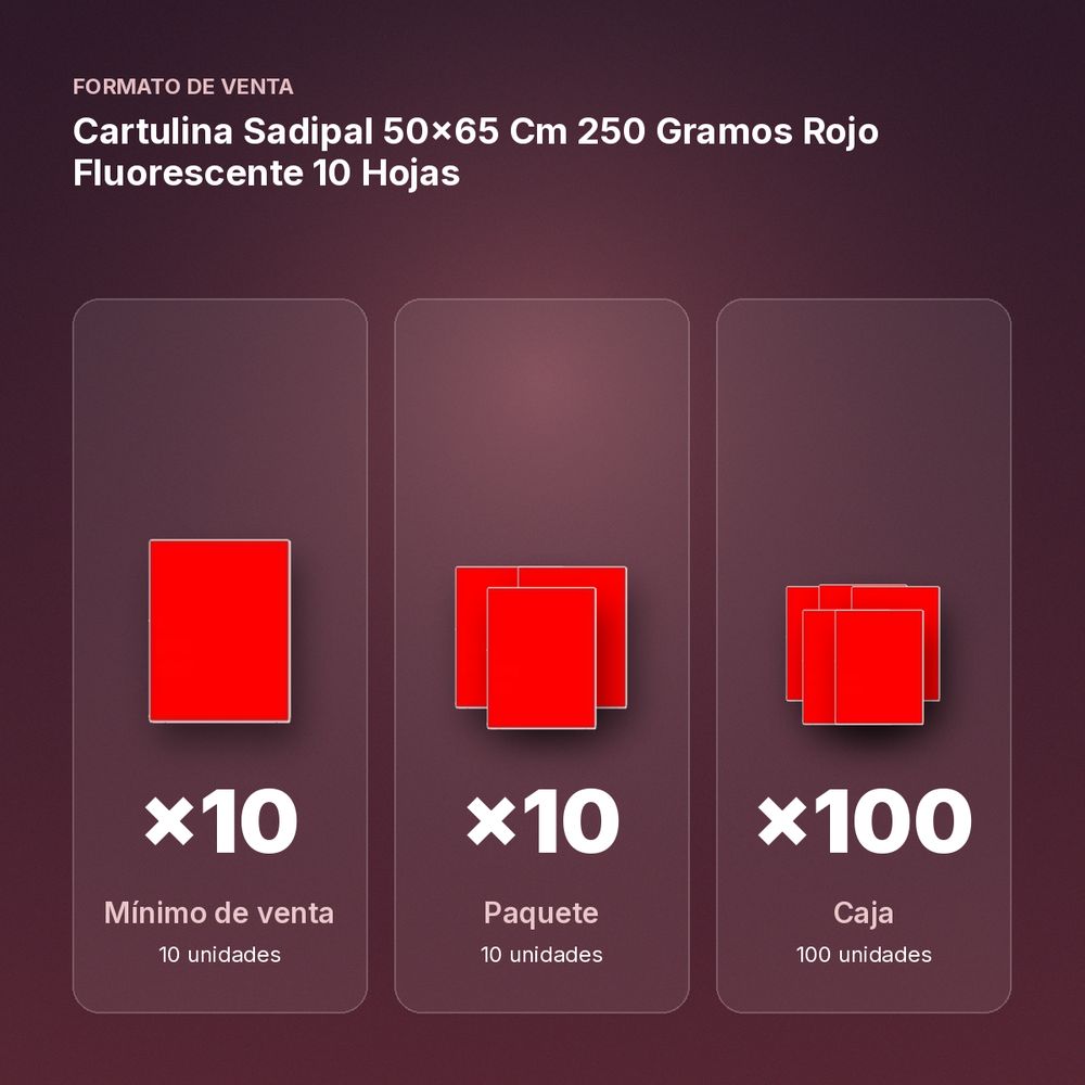 CARTULINA SADIPAL 50×65 CM 250 GRAMOS ROJO FLUORESCENTE 10 HOJAS - formato de venta: paquete de 10, caja de 100