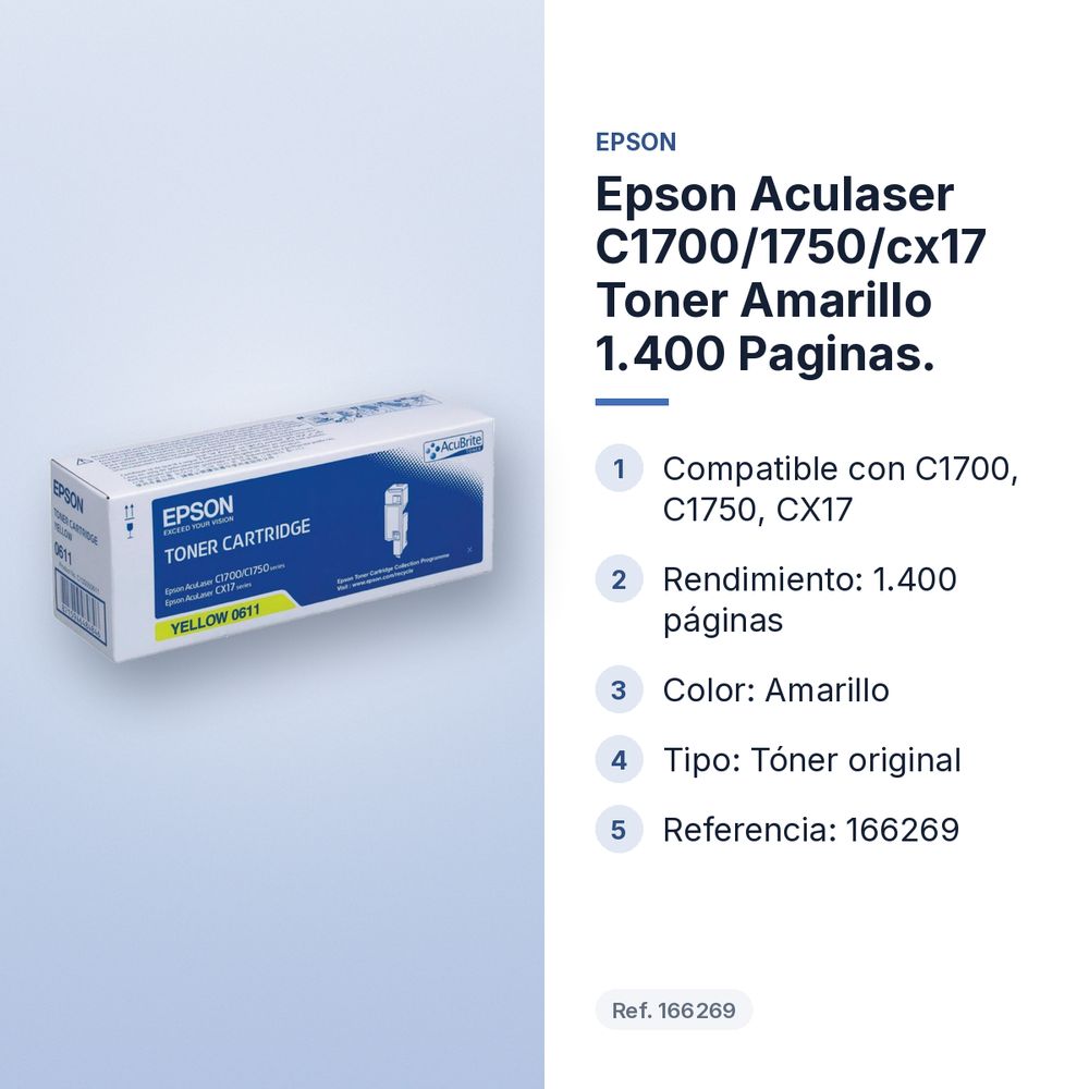 EPSON ACULASER C1700/1750/CX17 TONER AMARILLO 1.400 PAGINAS. - características principales