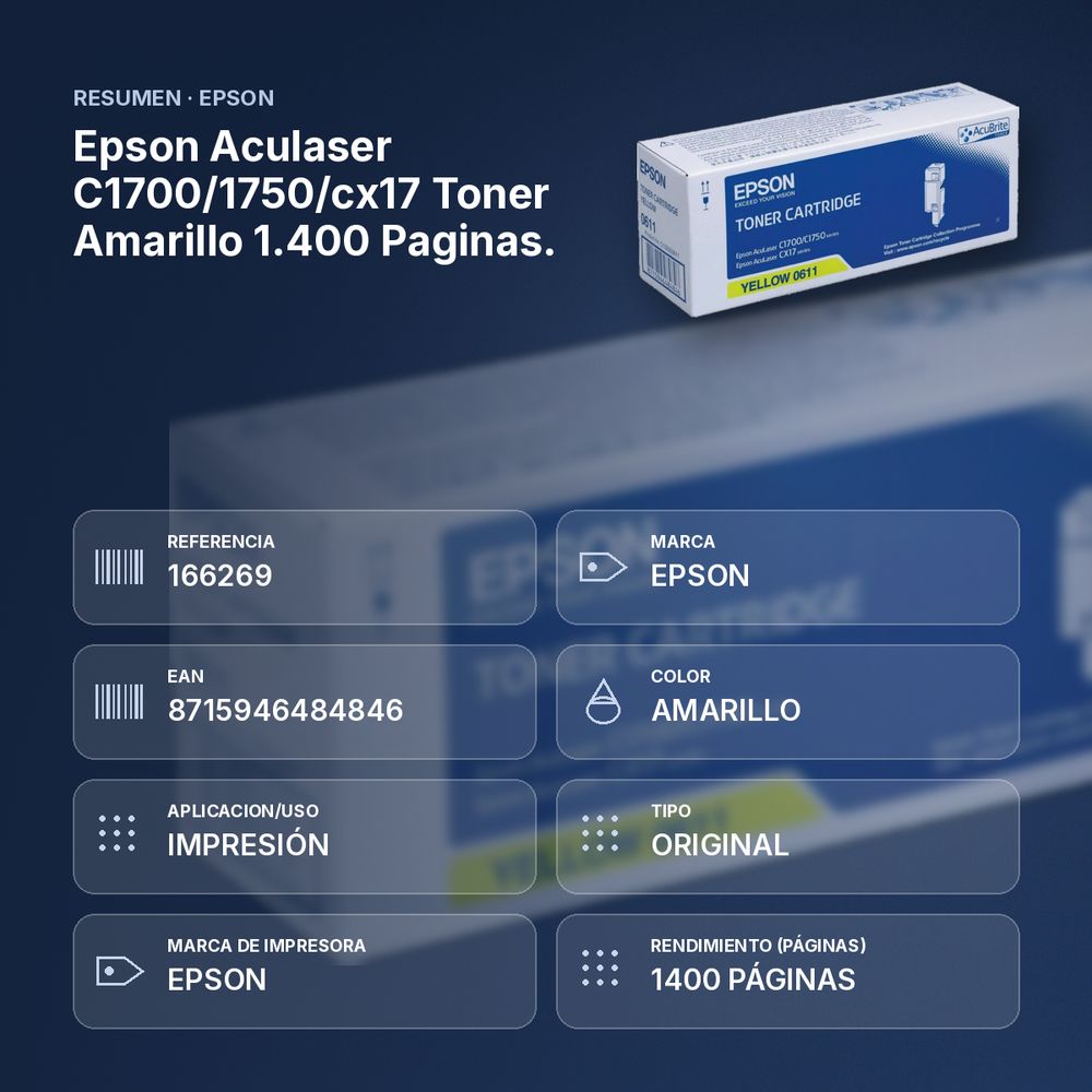 EPSON ACULASER C1700/1750/CX17 TONER AMARILLO 1.400 PAGINAS. - resumen de atributos