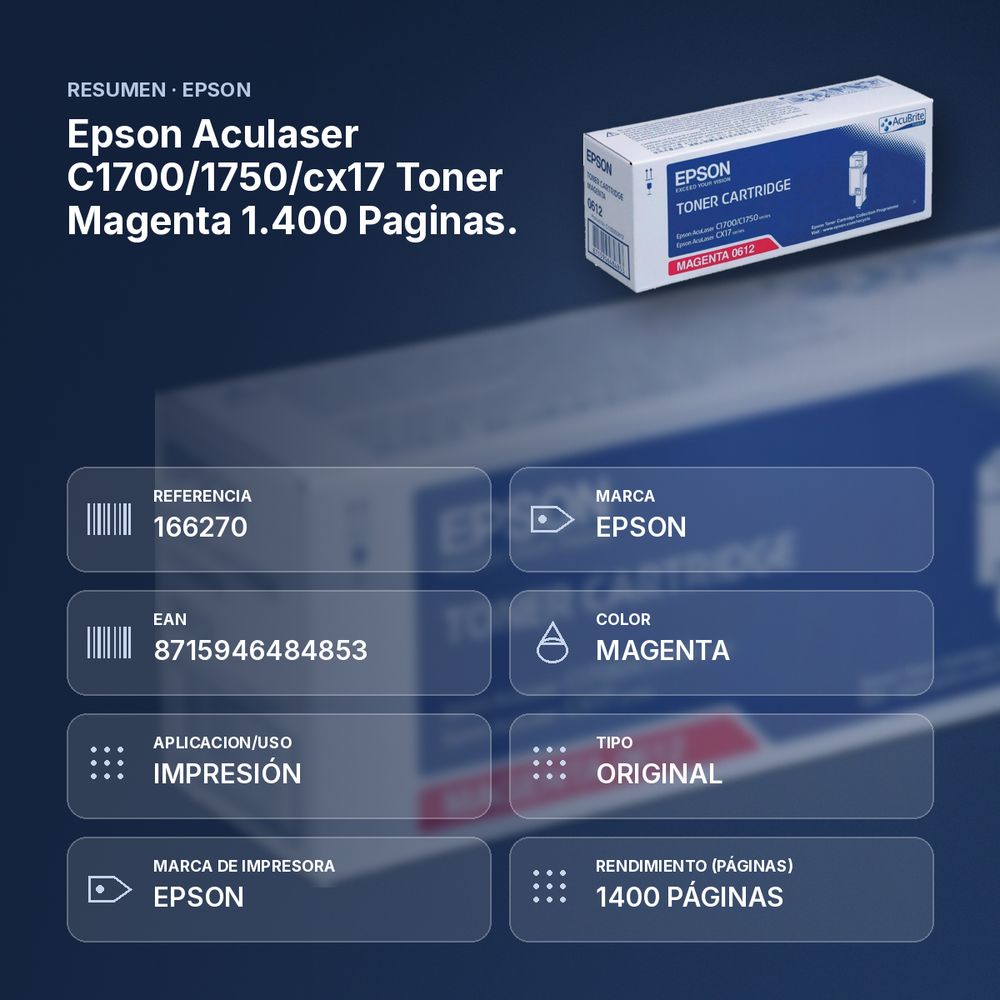 EPSON ACULASER C1700/1750/CX17 TONER MAGENTA 1.400 PAGINAS. - resumen de atributos